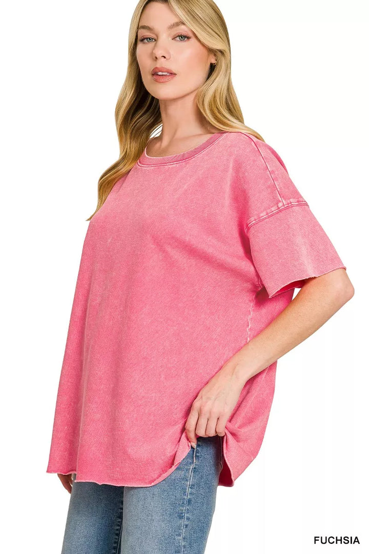 Acid wash drop shoulder French terry top with raw hem