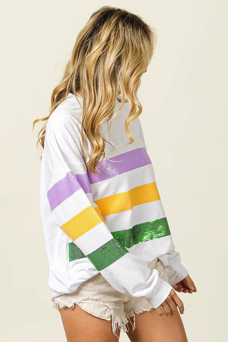 Sequin stripe Mardi Gras crewneck sweatshirt