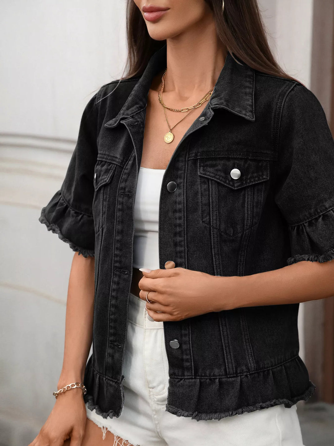 Ruffled raw-hem short-sleeve denim jacket