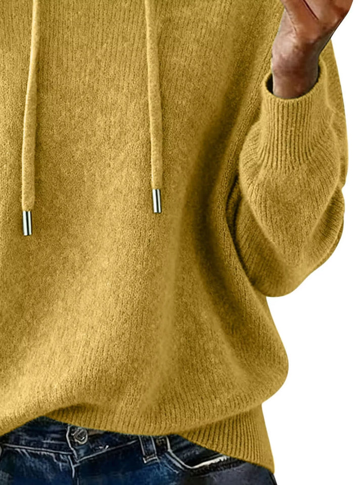 Drawstring hooded knit pullover sweater with ribbed cuffs