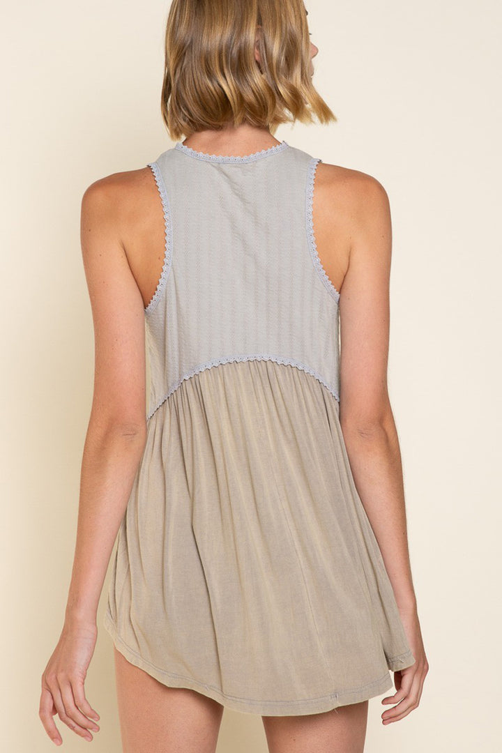 Adeline Textured Babydoll Knit Tank Top with Lace Trim