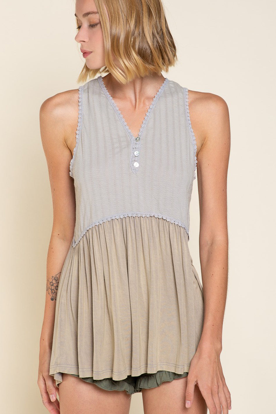 Adeline Textured Babydoll Knit Tank Top with Lace Trim