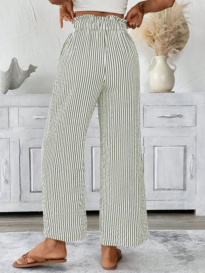 Striped wide-leg paper bag pants with tie belt