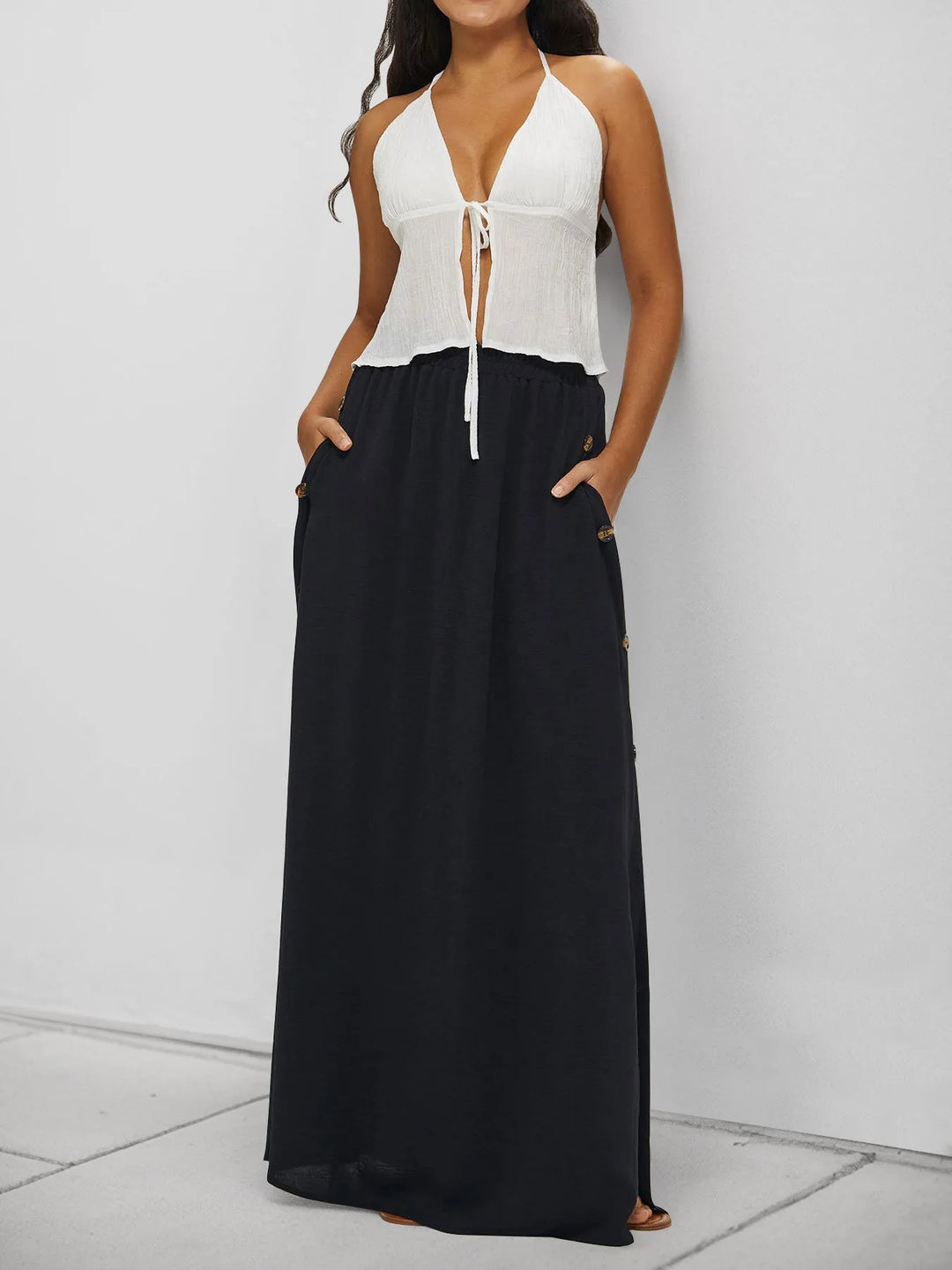 Black High-waist lace-up maxi skirt with side pockets