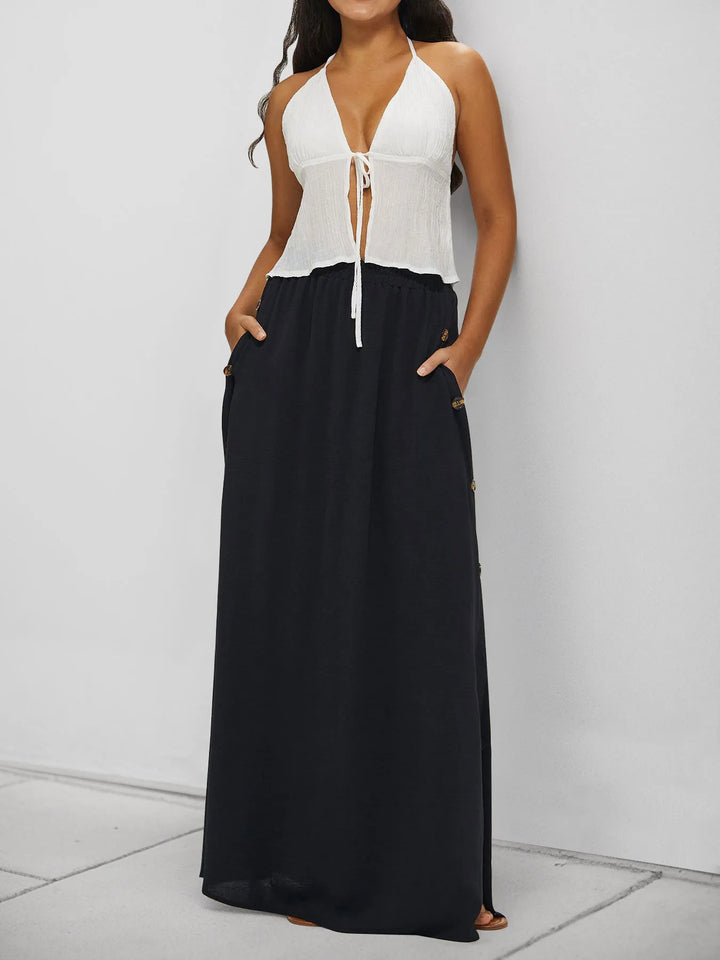 Black High-waist lace-up maxi skirt with side pockets