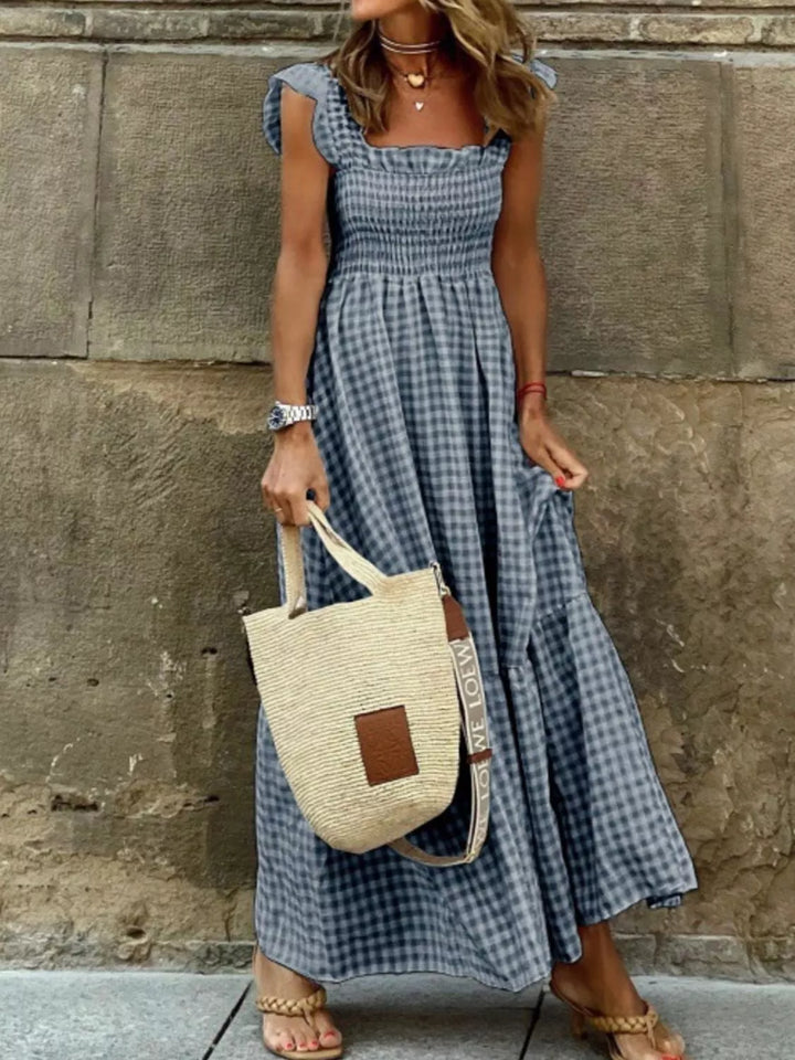 Black Gingham smocked ruffle maxi dress with flutter sleeves