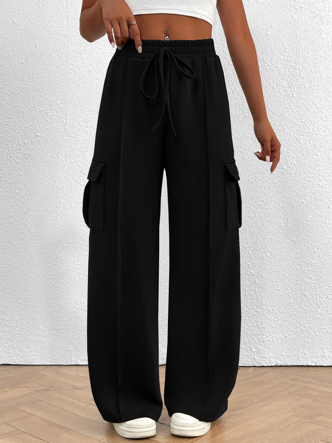 Black Drawstring high-waist wide-leg cargo pants with flap pockets