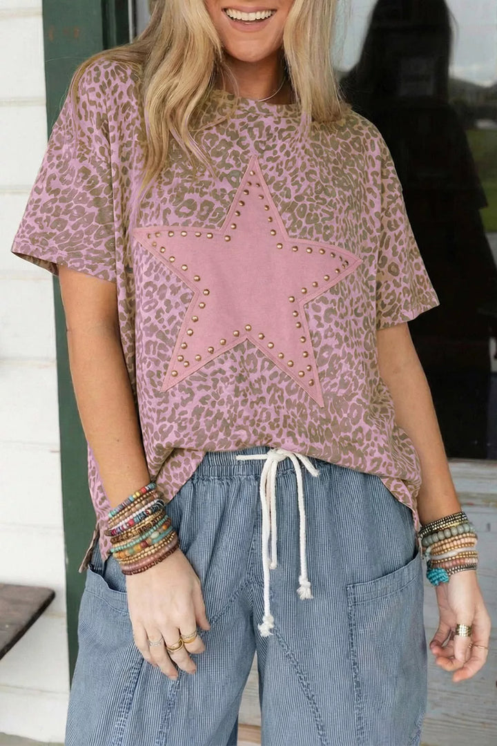 Studded star graphic leopard print short sleeve tee