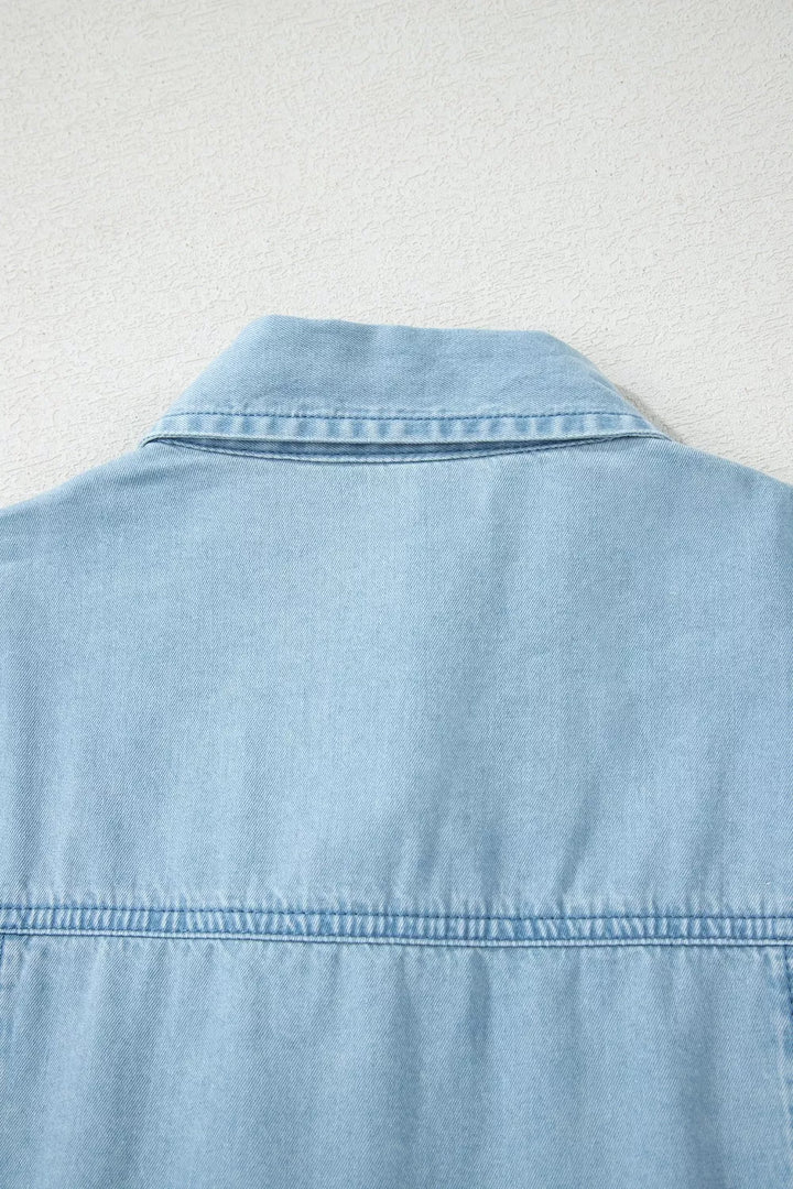 Belted chambray midi shirt dress with puff sleeves