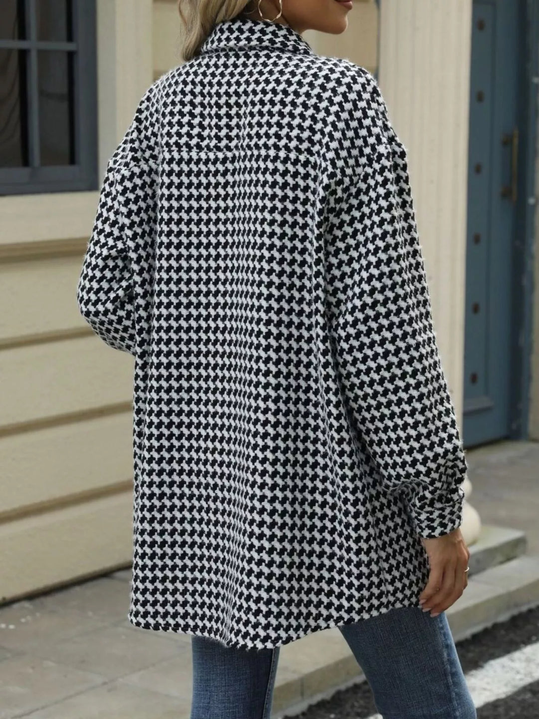 Houndstooth button-up shacket coat with chest pocket