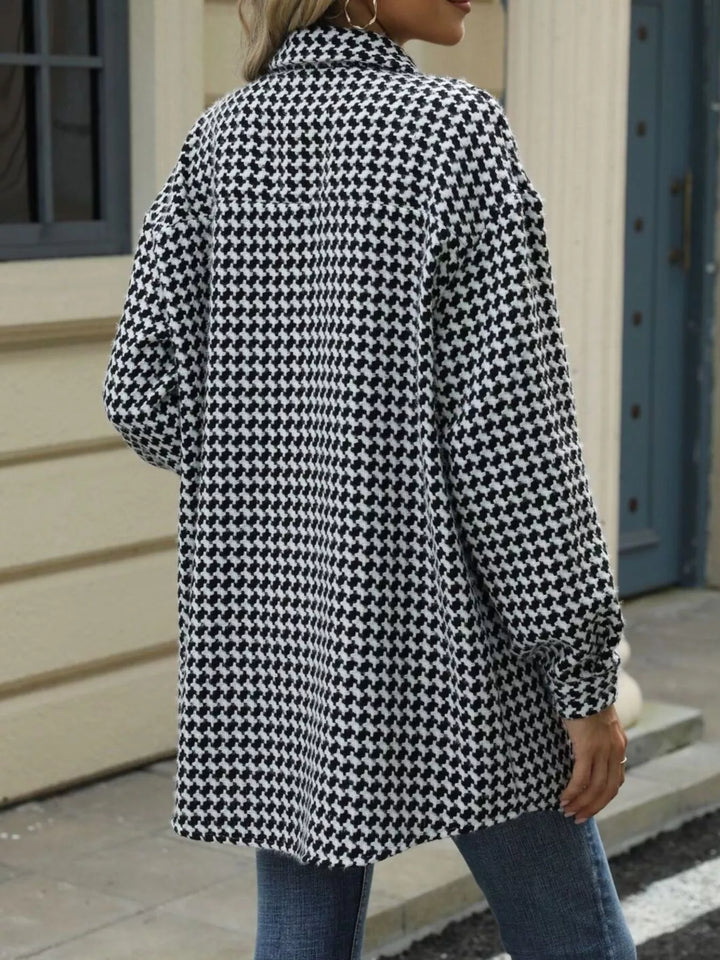 Houndstooth button-up shacket coat with chest pocket