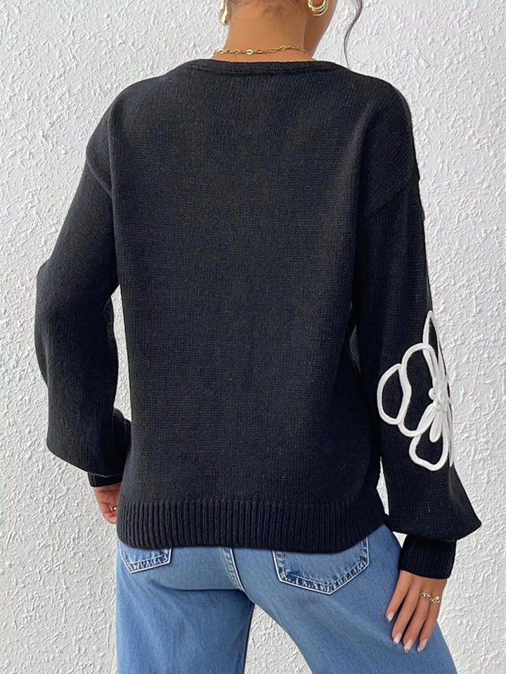 Floral applique V-neck drop shoulder knit sweater