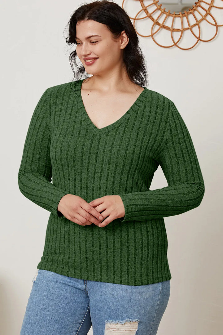 Ribbed v-neck long sleeve knit top
