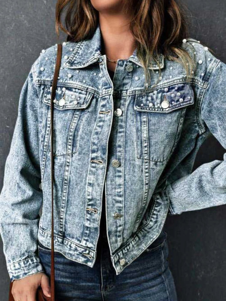 Denim Blue Pearl-detail button-up long sleeve denim jacket