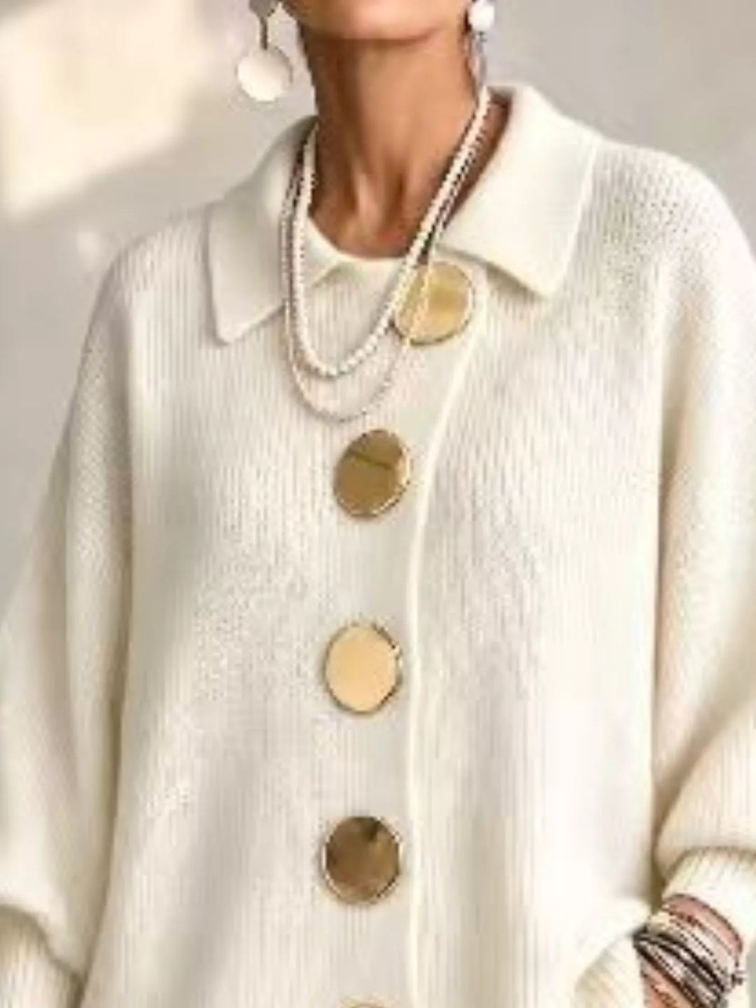 Oversized gold button ribbed knit collared cardigan
