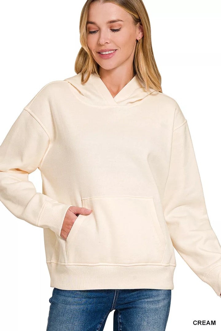 CREAM Ribbed-cuff fleece pullover hoodie with kangaroo pocket