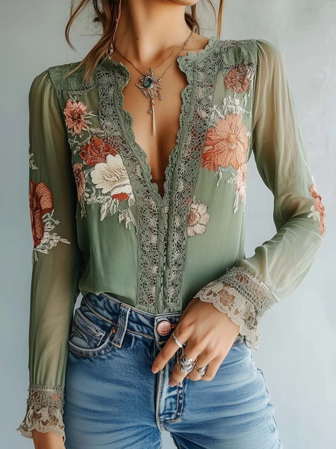 Green Floral embroidered lace trim blouse with plunge neckline