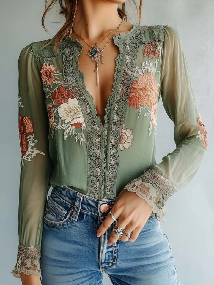 Green Floral embroidered lace trim blouse with plunge neckline