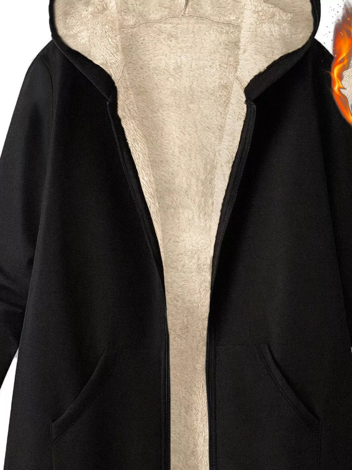 Sherpa-lined hooded zip longline jacket with pockets