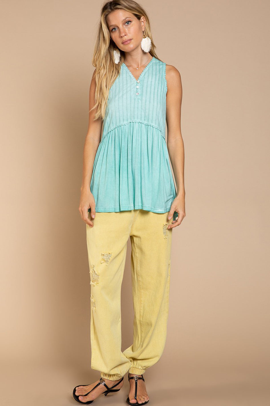 Adeline Textured Babydoll Knit Tank Top with Lace Trim