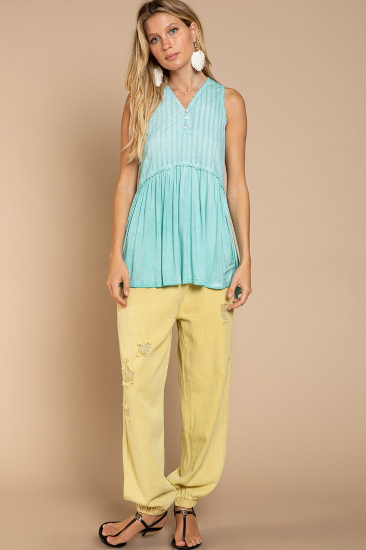 Adeline Textured Babydoll Knit Tank Top with Lace Trim