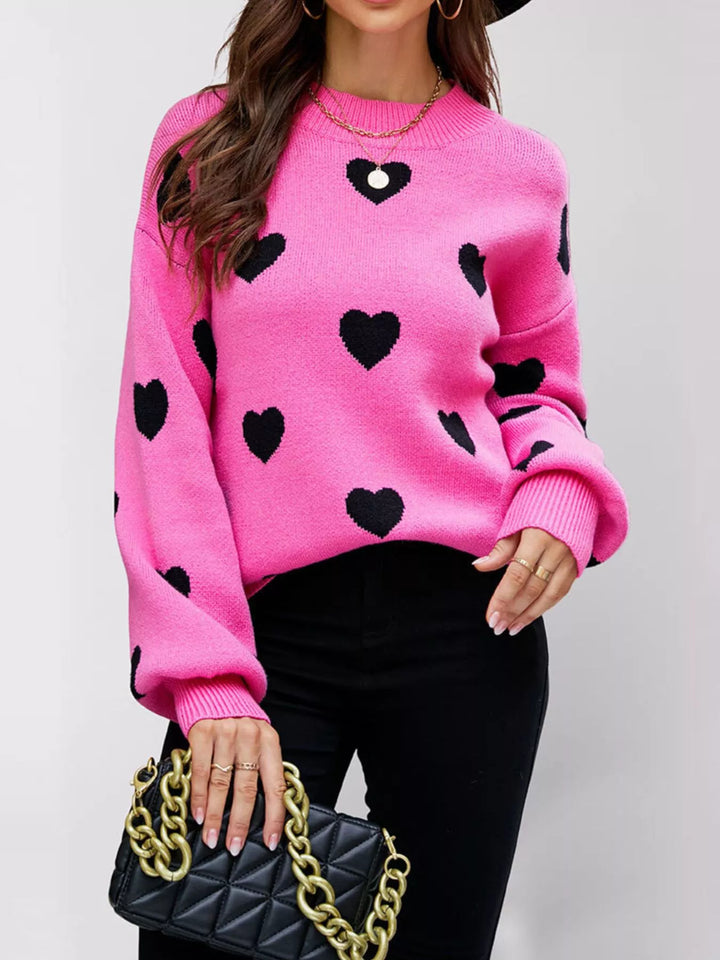 Rose Red Heart print drop shoulder crew neck knit sweater