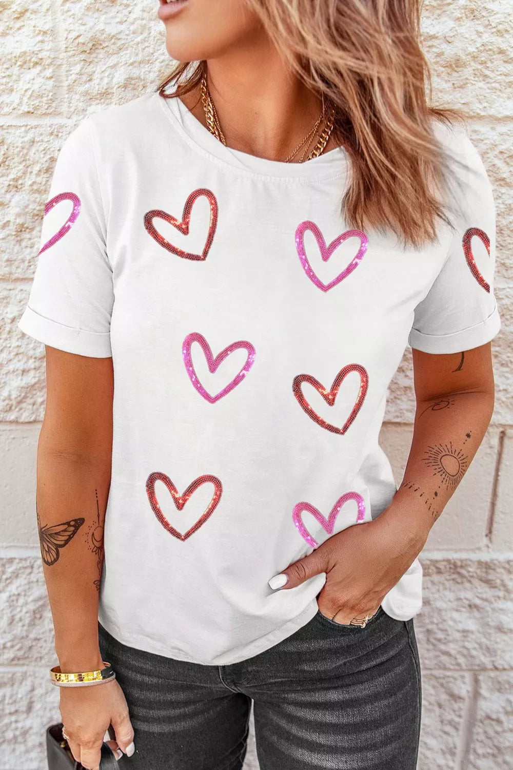 Sequin heart crew neck short sleeve tee