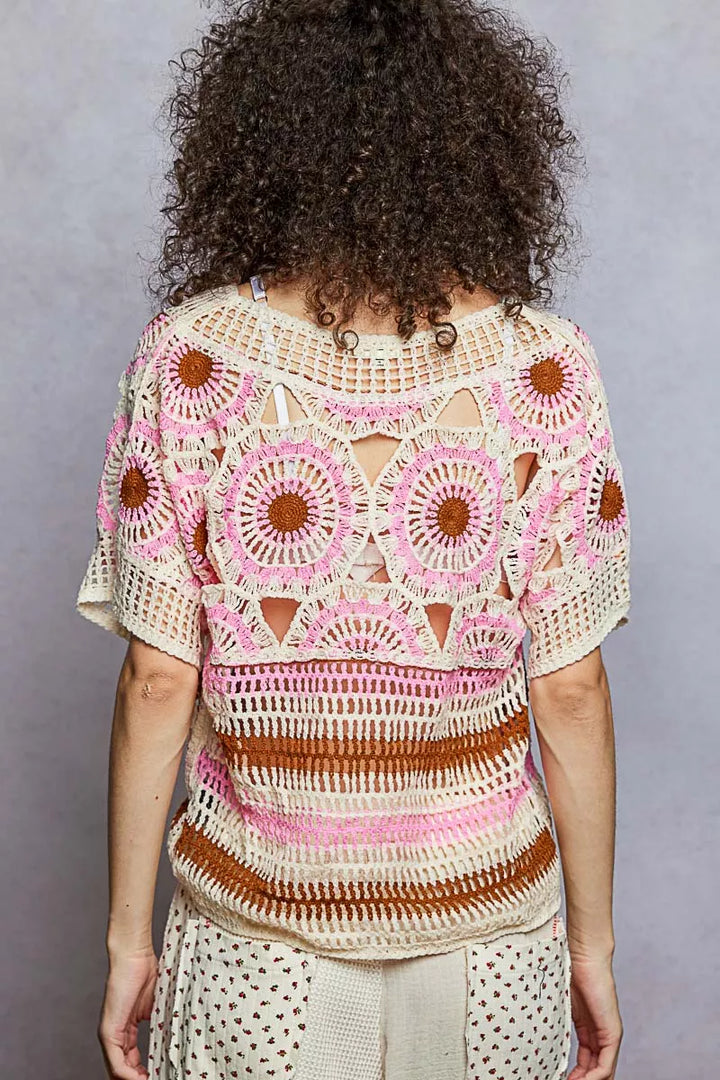 Openwork crochet short sleeve top with striped border