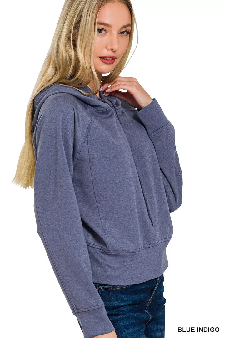 Drawstring scuba knit pullover hoodie with split neck