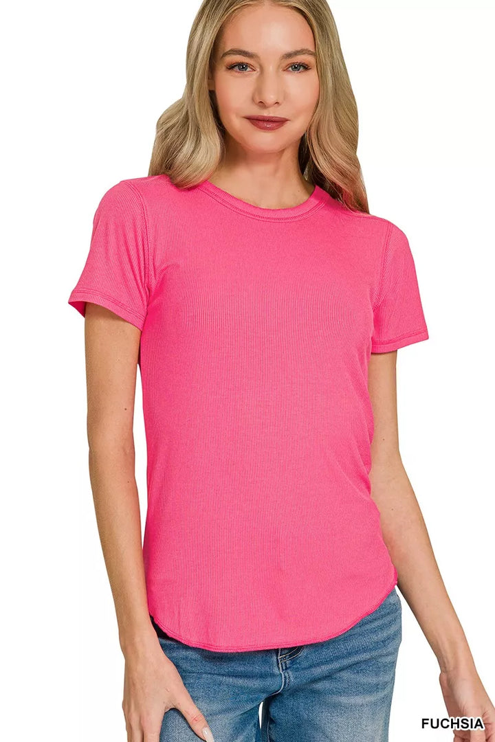 FUCHSIA Ribbed knit crew neck tee with curved hem