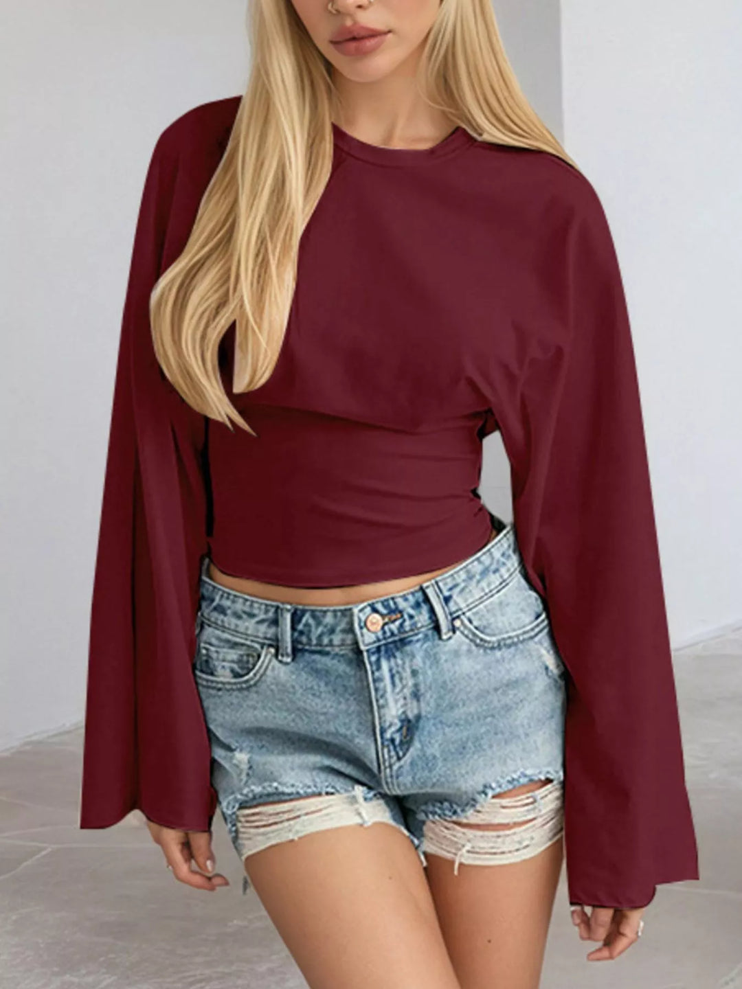 Wine Red Fitted long sleeve top with flared bell sleeves