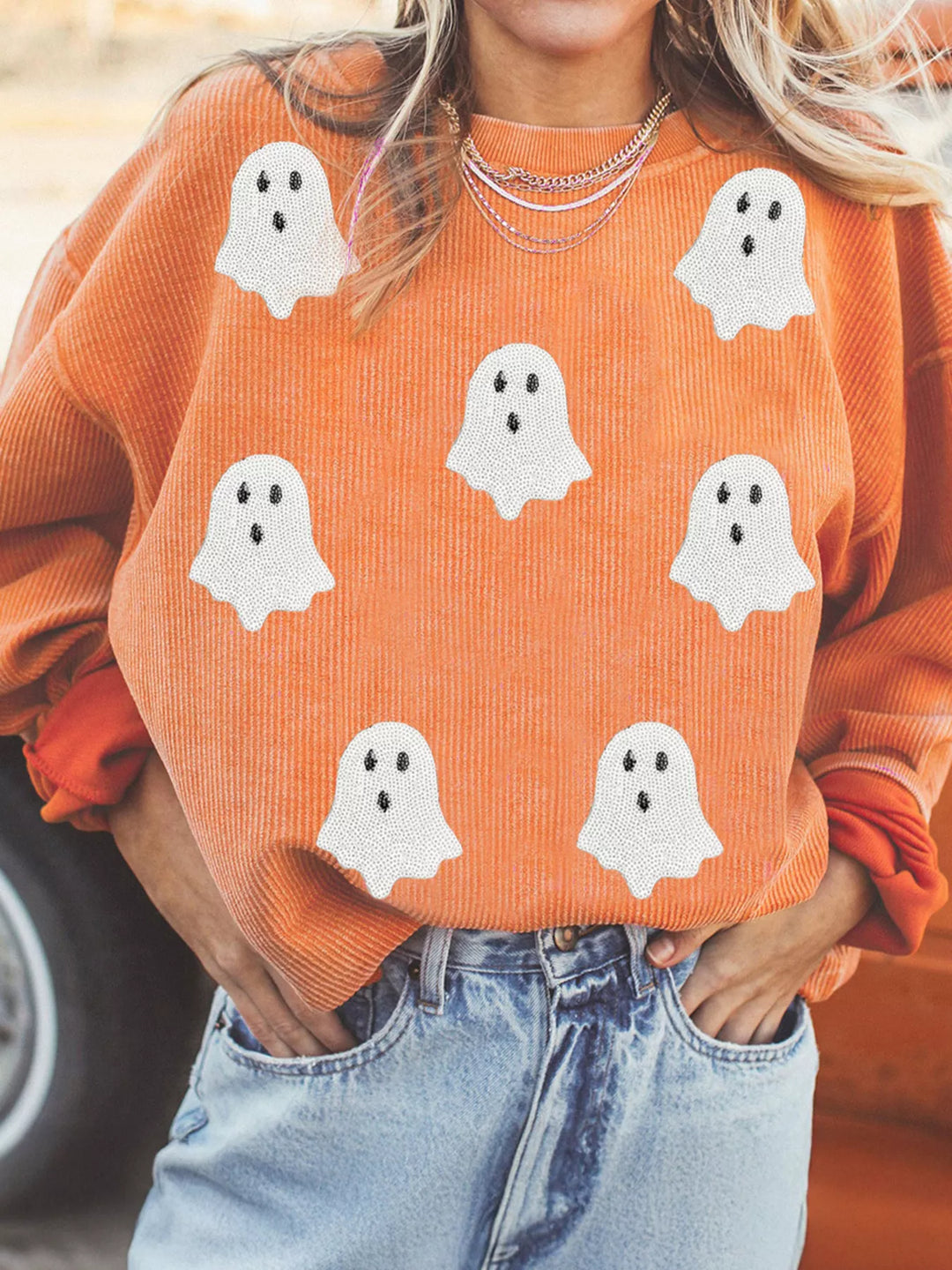 Tangerine Sequin ghost patch ribbed crewneck sweatshirt