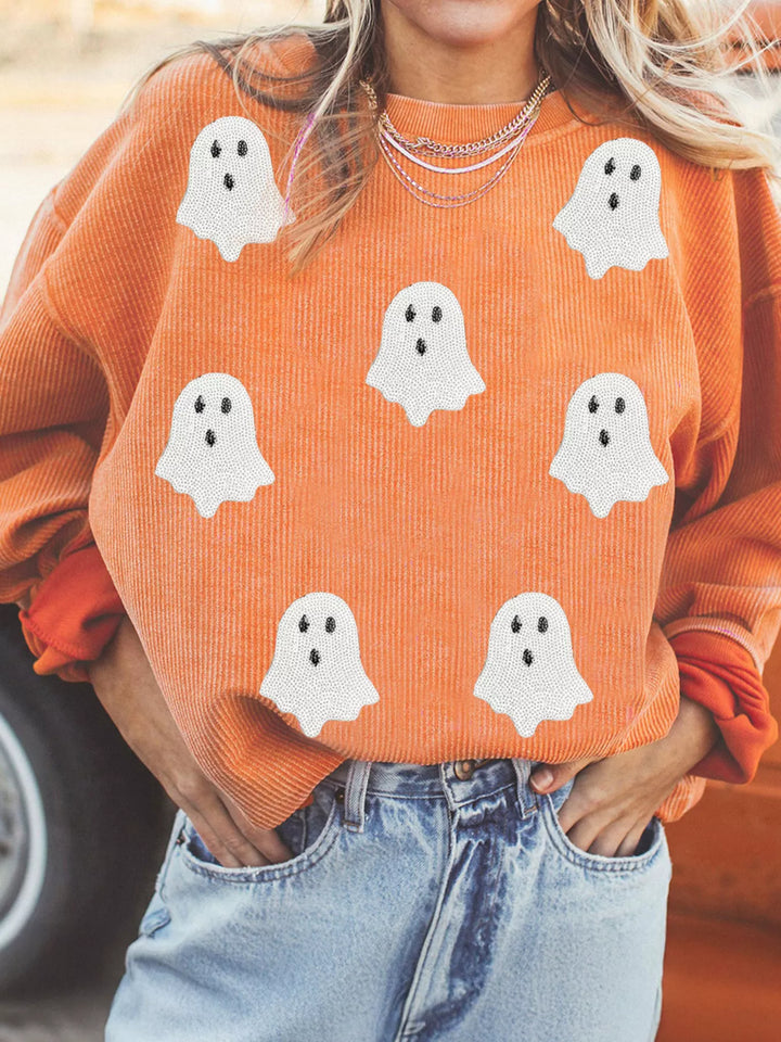 Tangerine Sequin ghost patch ribbed crewneck sweatshirt
