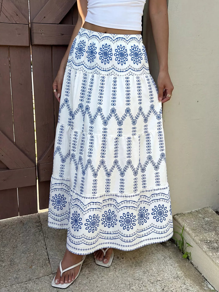 Tiered floral-print maxi skirt with smocked waist