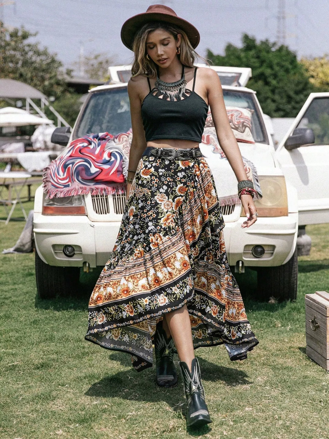 Plus size boho floral high-low midi skirt