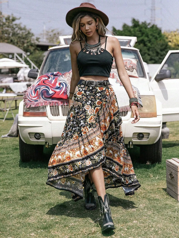 Plus size boho floral high-low midi skirt