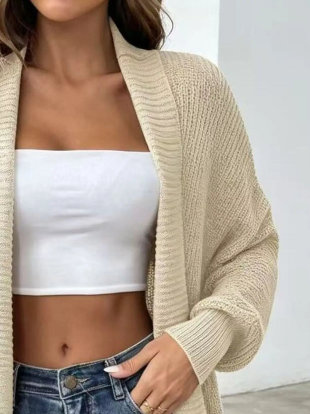 Ribbed knit open front longline cardigan with drop shoulder