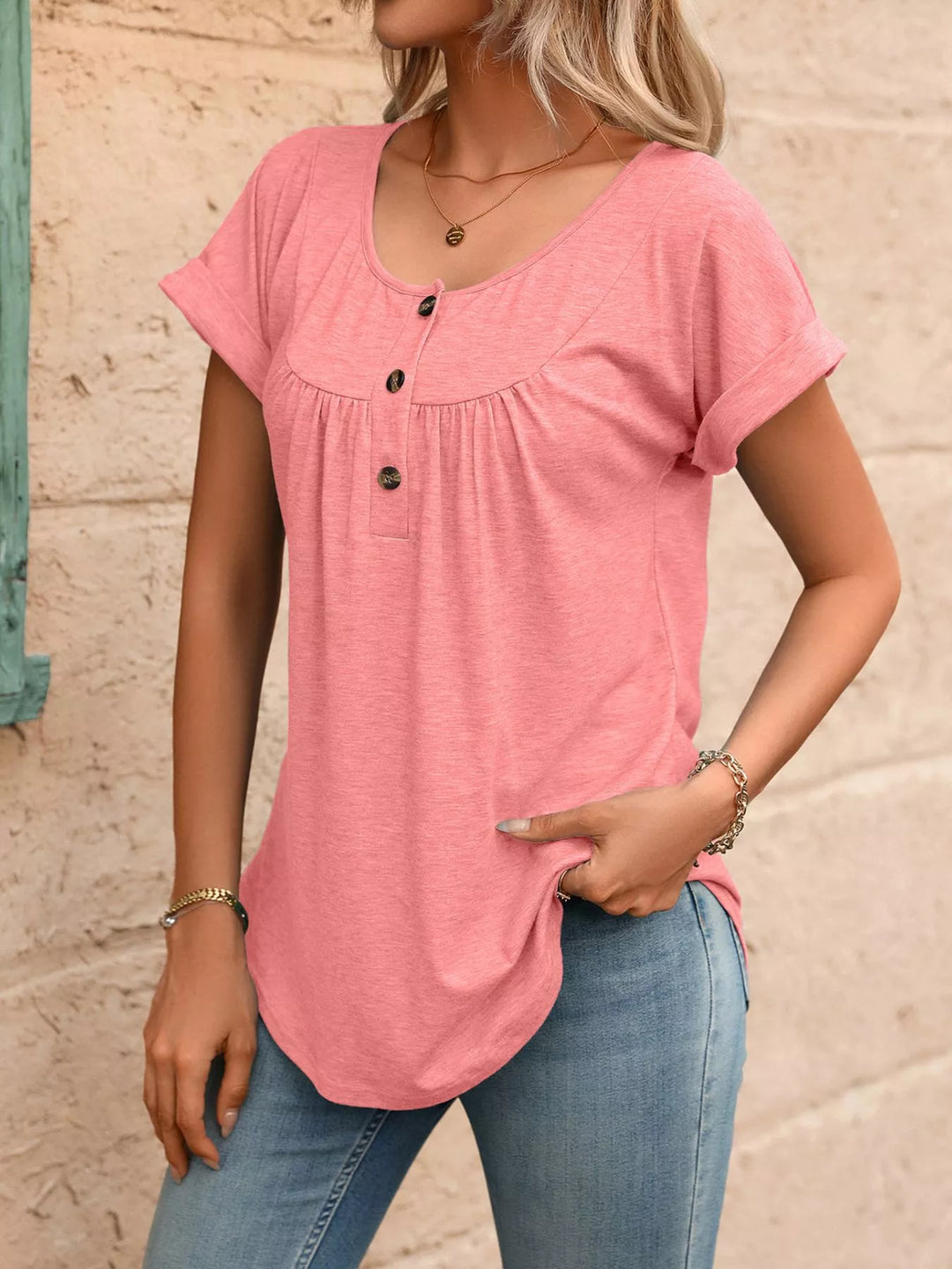 Ruched button-placket henley top with cap sleeves