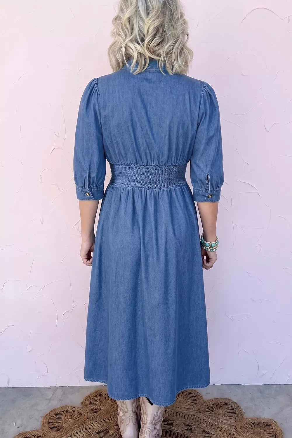 Zip-front denim midi dress with smocked waist and puff sleeves