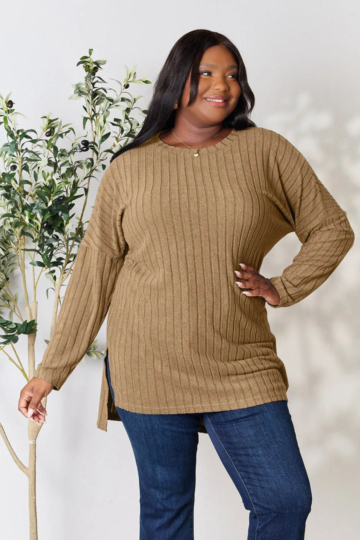 Khaki Ribbed knit long sleeve tunic top with side slits
