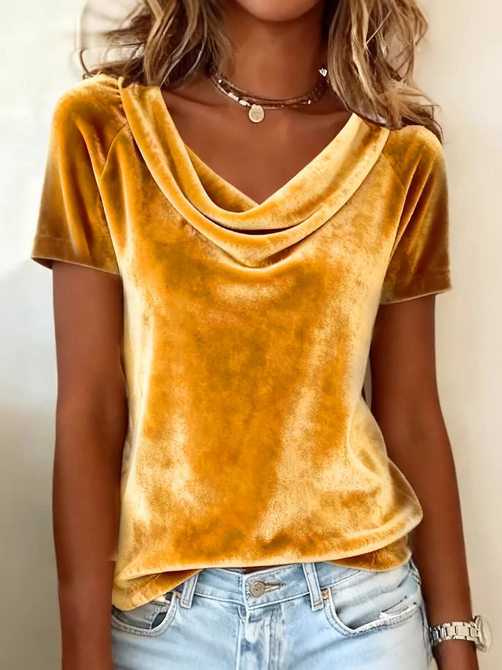 Gold Draped cowl neck velvet top with short sleeves