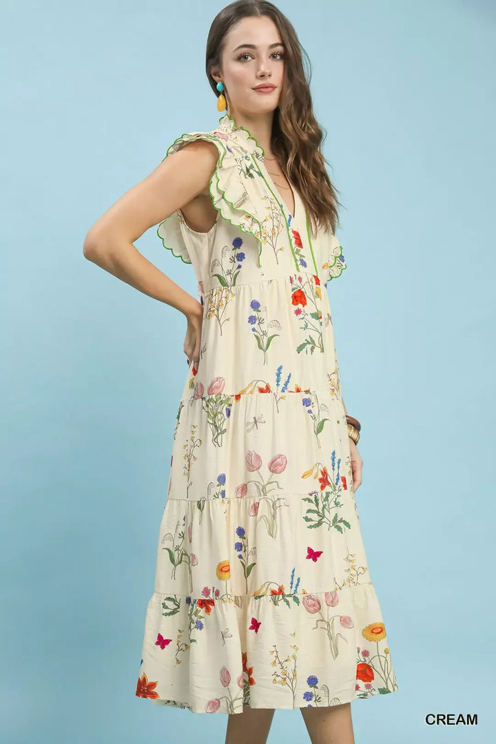 Floral tiered midi dress with scalloped ruffle trim