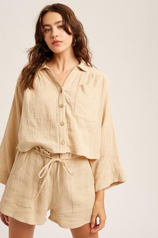 Textured Cotton Button Down Top and Pant Sets - Azoroh