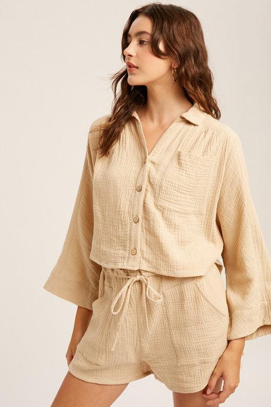 Textured Cotton Button Down Top and Pant Sets - Azoroh