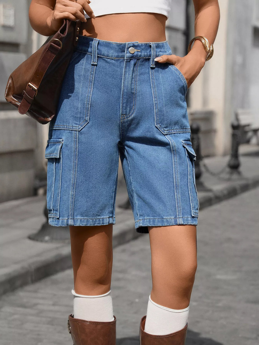Dusty Blue High-waisted cargo Bermuda denim shorts with flap pockets