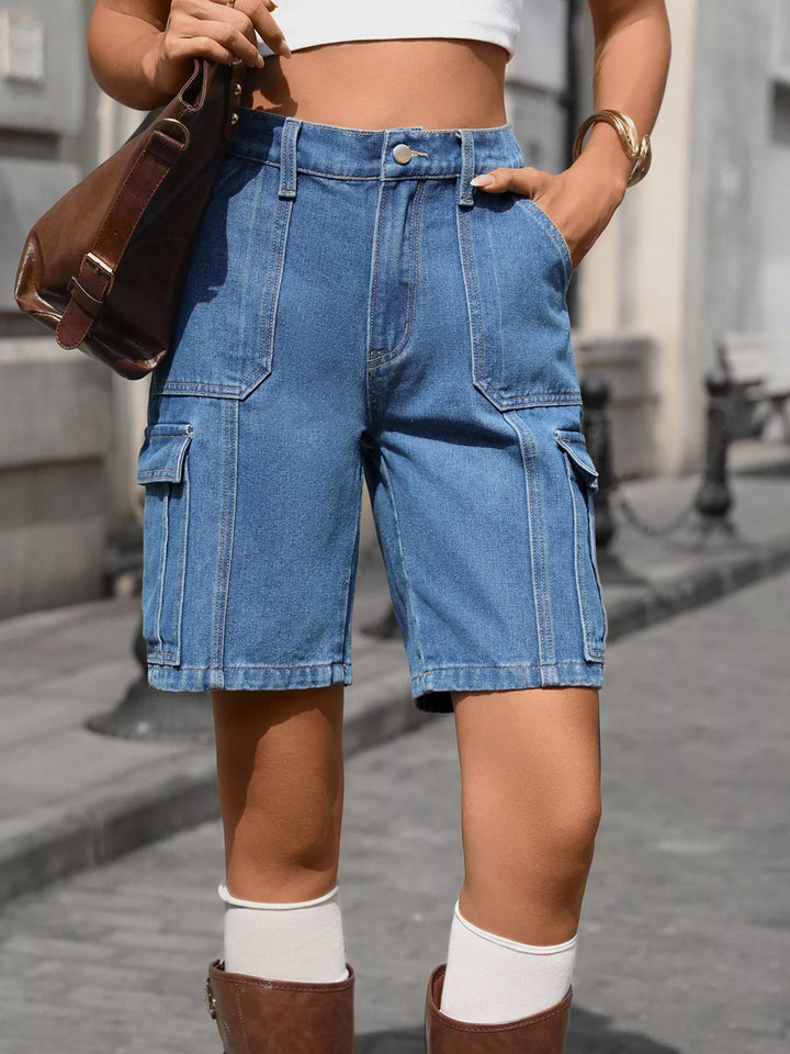 Dusty Blue High-waisted cargo Bermuda denim shorts with flap pockets