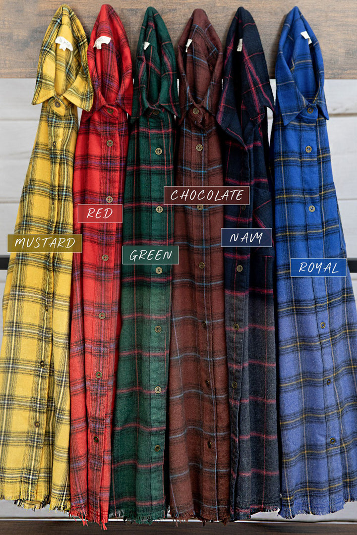Kayla Vintage Plaid Button-Up Shirt With Raw Cut Hem