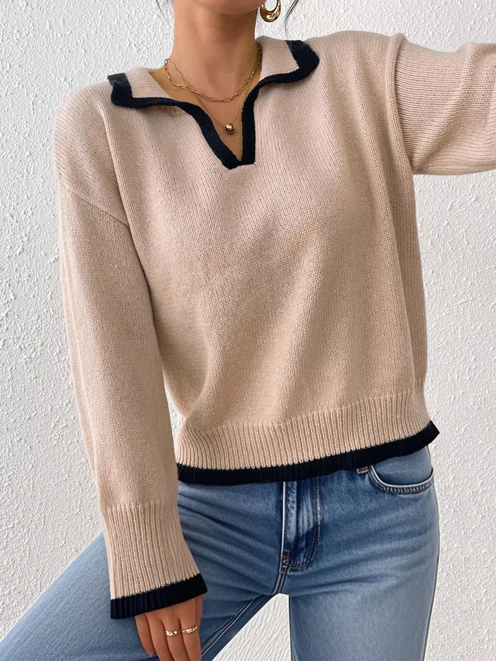 Contrast trim polo collar knit pullover sweater