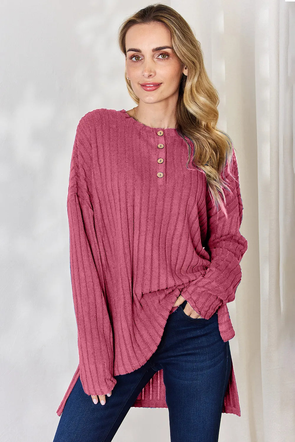 Hot Pink Ribbed knit half-button long sleeve high-low top