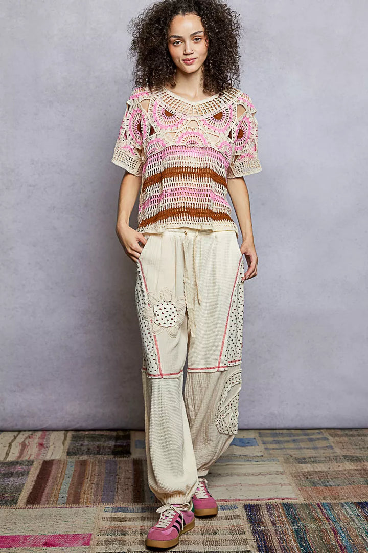 Openwork crochet short sleeve top with striped border
